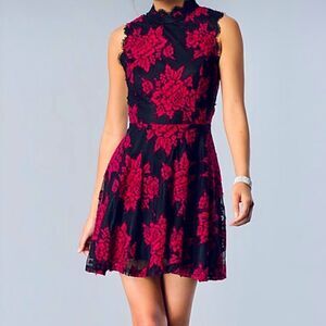 City Studio Black & Red Lace Floral Fit & Flare Dress Size Small